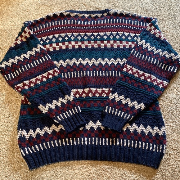 Roundtree 3D Heavy Cotton Textured L/S Crew Neck Sweater Navy Red Cream Green L - Picture 8 of 11